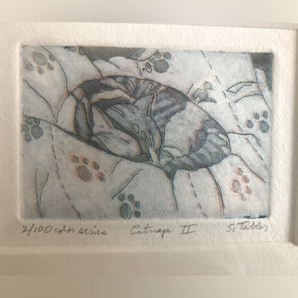 For cat lovers: “Catnap II” etching print in metal frame.